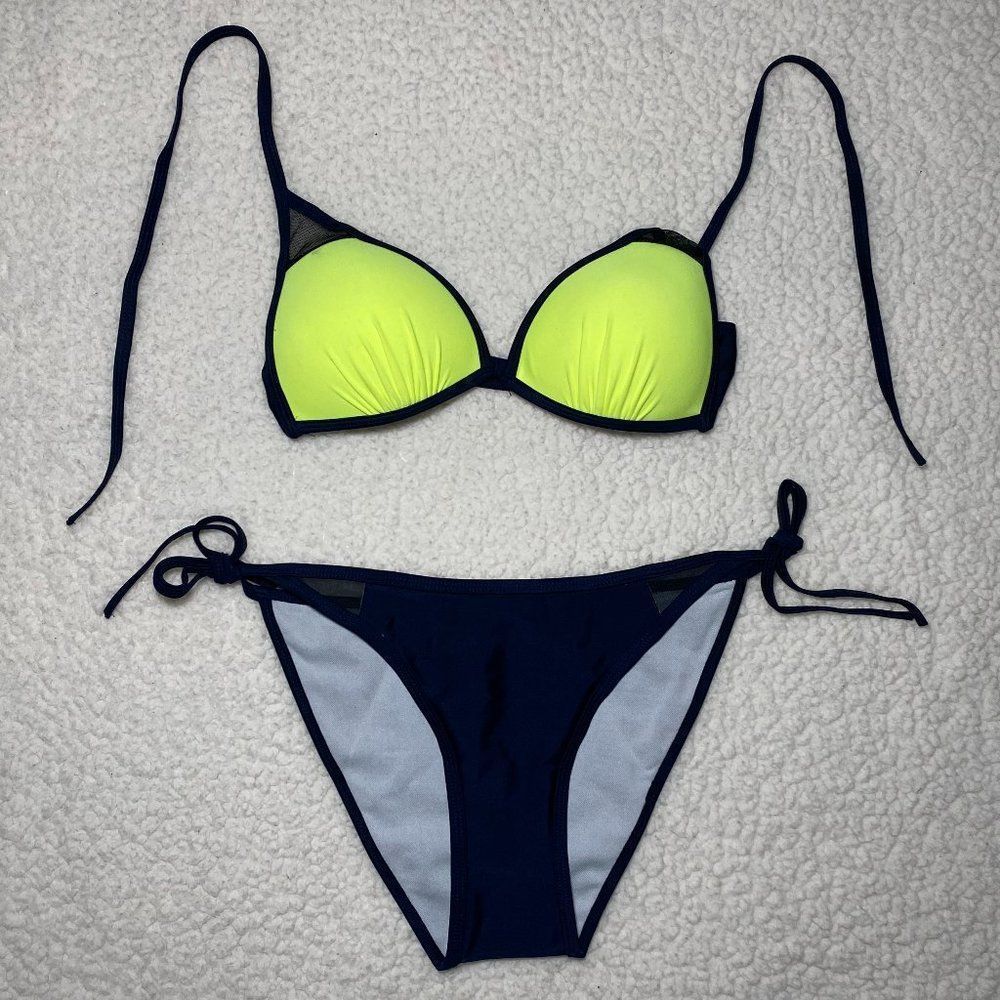 Bandeau Push Up Yellow and Navy Two Piece Bikini